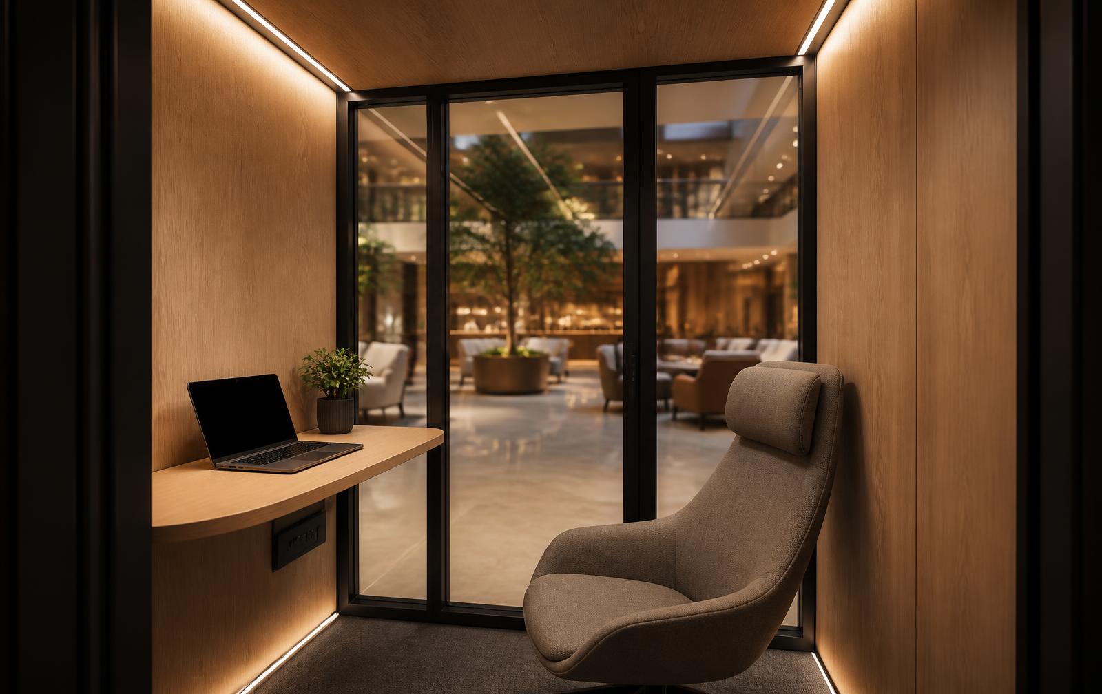 View from inside a RīSpace pod looking out over a hotel lobby, warm oak interior and ambient LED lighting